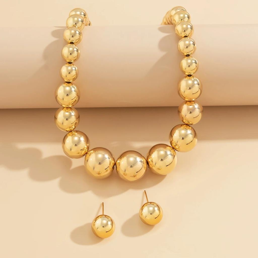 2Pcs Exaggerated Gold Color Big Beads Necklace Stud Earrings for Women Luxury Punk CCB Choker Jewelry Set Party Club Accessories