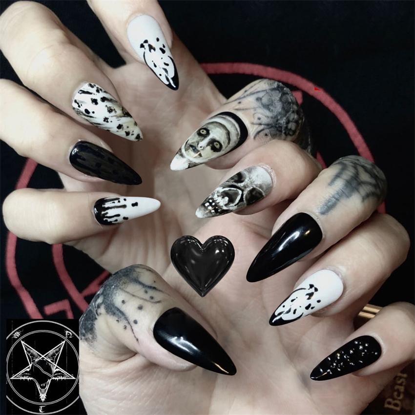 24Pcs Dark Punk Skeleton Long Coffin Ballet Press On Nails Reusable Fake Nail Kit Artificial Acrylic Tips