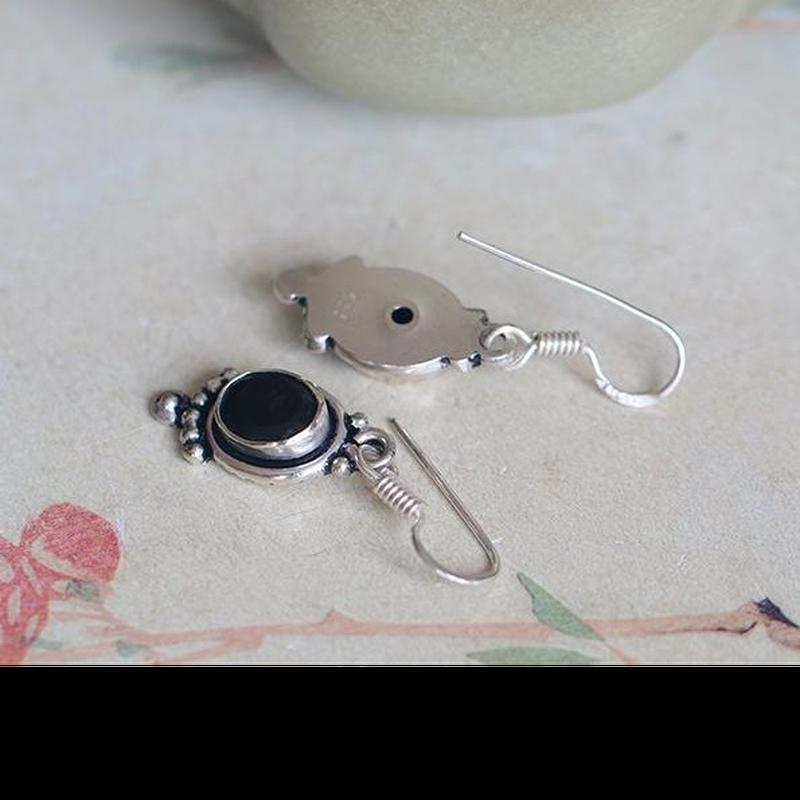 S925 Sterling Silver Indian Hand Inlaid Natural Black Agate Earrings