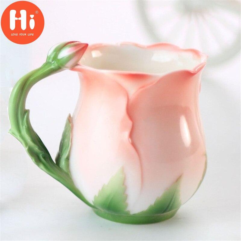 Hi European Style Enamel Ceramic Coffee Mug Creative 3D Rose Flower Shape Teacups Pastoral 4 Colors Breakfast Milk Cups With Spoon