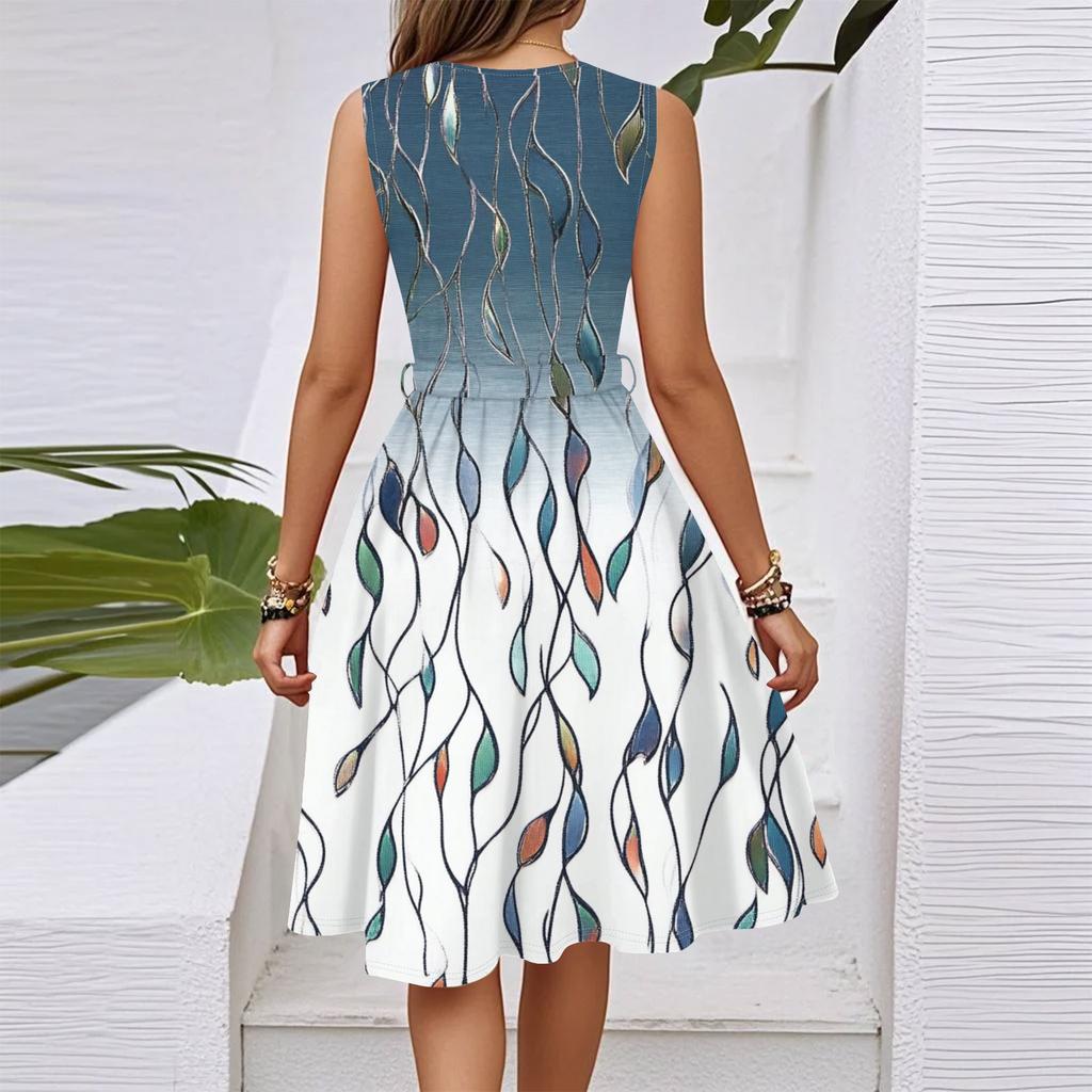 Women's Spring Summer Casual V Neck Sleeveless Waist Floral Print Midi Dress