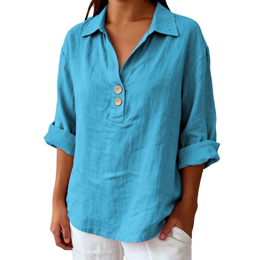 Women's Shirt Seven-Sleeve Lapel Cotton Linen Top Solided Color Casual Breathable Lapel Shirt