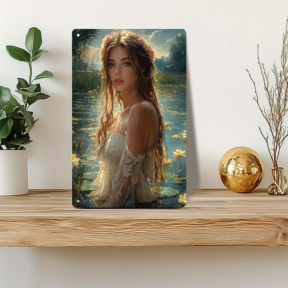 Fairy Tale Mermaid Princess with Flower Crown in Lace Gown Standing Among Water Lilies in Enchanted Lake D Flat HD Metal Pictur