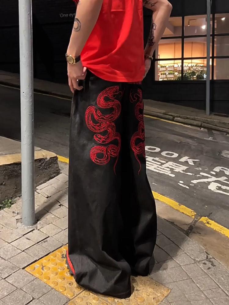 ZYLLO Americké červené Vyšívané džíny Retro Široké kalhoty k podlaze Velká velikost Těžký průmyslový design Senzorický streetový oděv