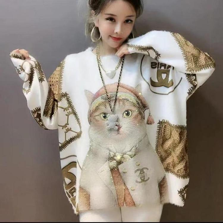 

2021 Winter Women s Fashion European Style Trendy Cartoon Hooded Diamond Knit Sweater Slim Loose Medium Long Versatile One Size