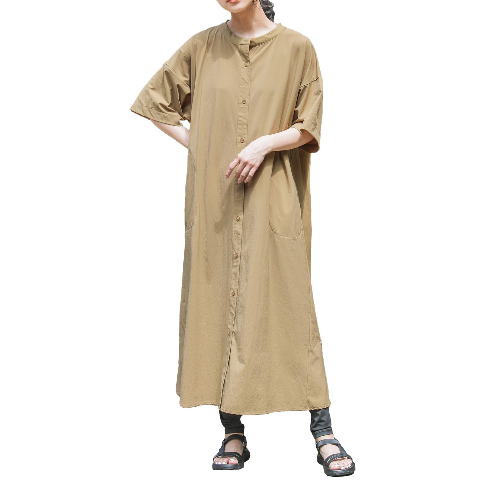 

Oshare Walker Band Collar Shirt Stain UV Cool to the Antibacterial and Odor Rain or Shine n OrLABEL [Hareame Water-Repellent Dress] Dress, Long, бежевый