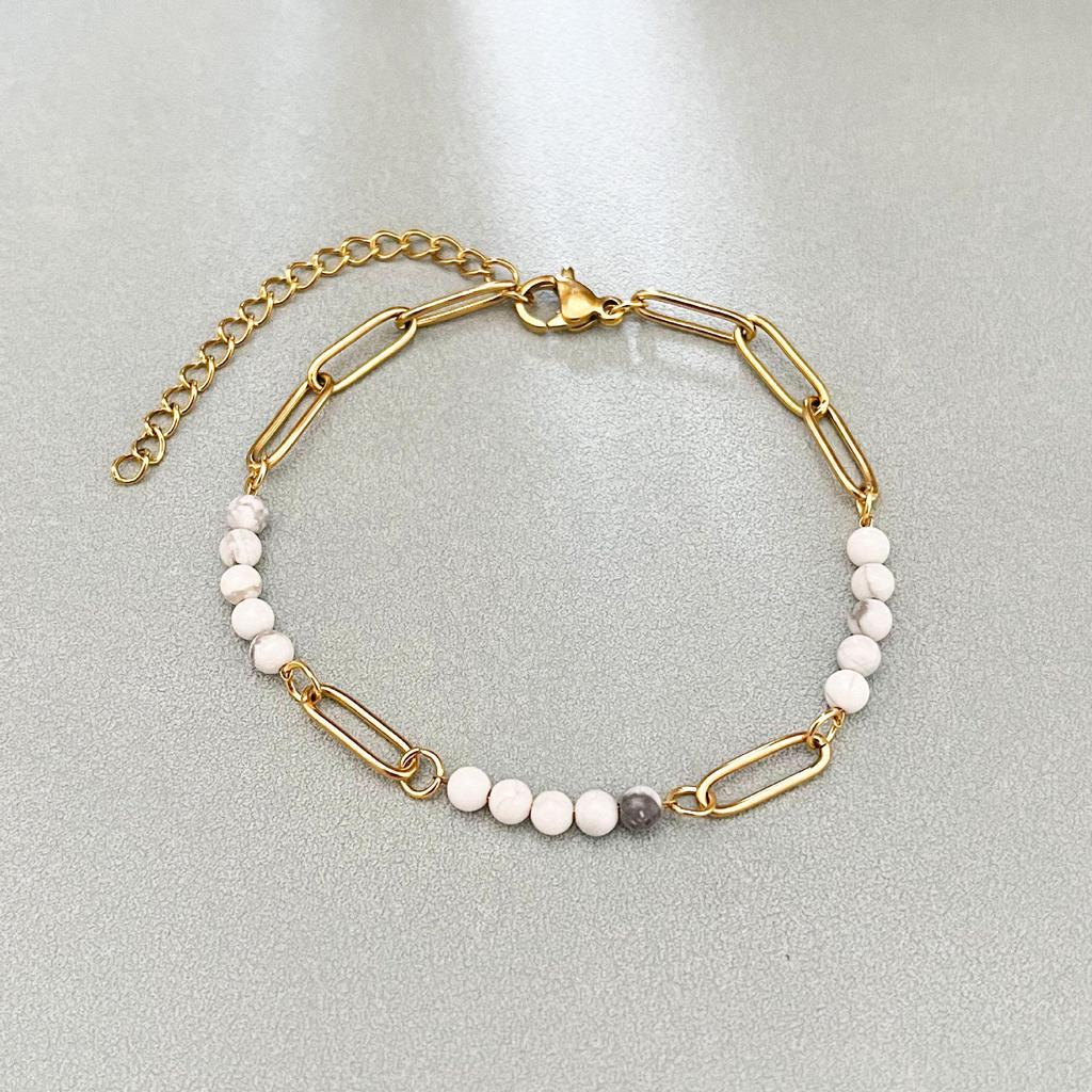 Elegant 18k Gold-Plated Stainless Steel Bracelet with Natural Stone Inlay - Trendy and Fade-Resistant for Women