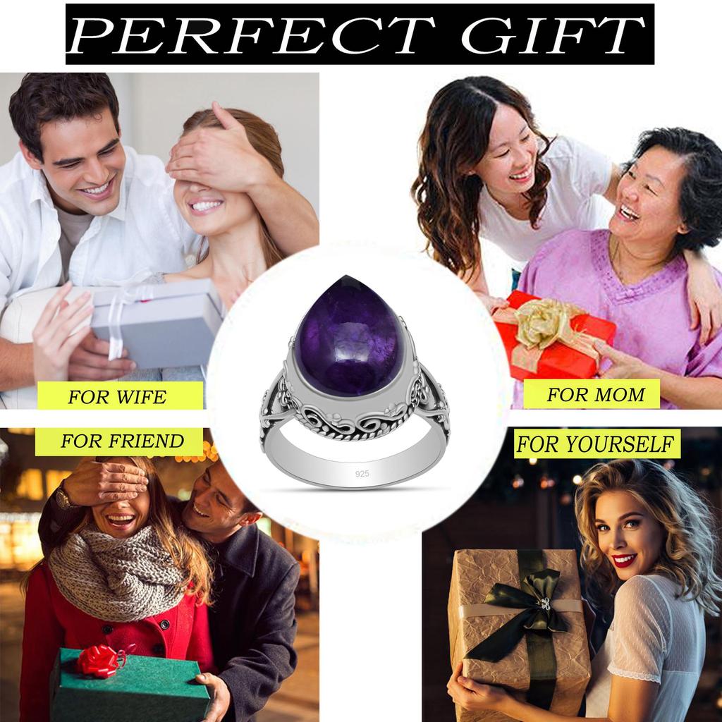 Bague en forme de poire en argent sterling 925 avec améthyste naturelle 10 x 15 mm pour femmes et filles