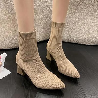 Mode Frau Gestrickte Stiefeletten frauen Casual Sqaure Heel Pumps Damen Außen Schuhe Weibliche Casual Chelsea Stiefel 2024