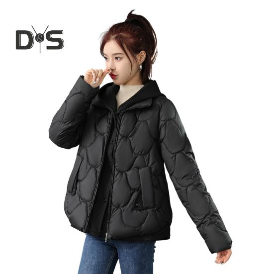 

Женское зимнее пальто, имитация двухкомпонентного застежки-молнии на пуговицах, с капюшоном, отложным воротником, однотонная короткая куртка с наполнителем из хлопка M чёрный