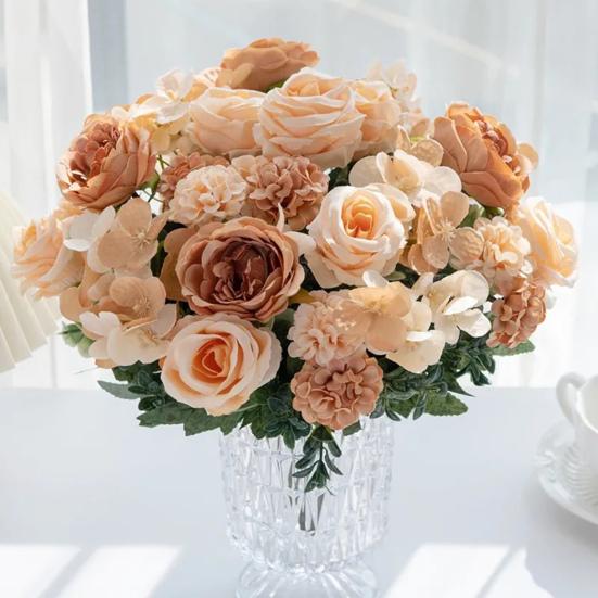 Artificial Rose Bouquet Realistic Fake Silk Flower with Green Leaves Home Wedding Party Table Centerpiece Indoor Outdoor Faux Bloom Decoration