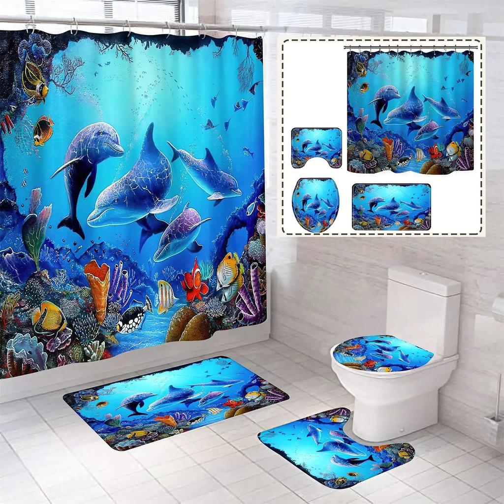 Deep Ocean Dolphin 3D Printing Waterproof Fabric Shower Curtain Set Bathroom Curtains Toilet Cover Mat Non Slip Rug Home Decor