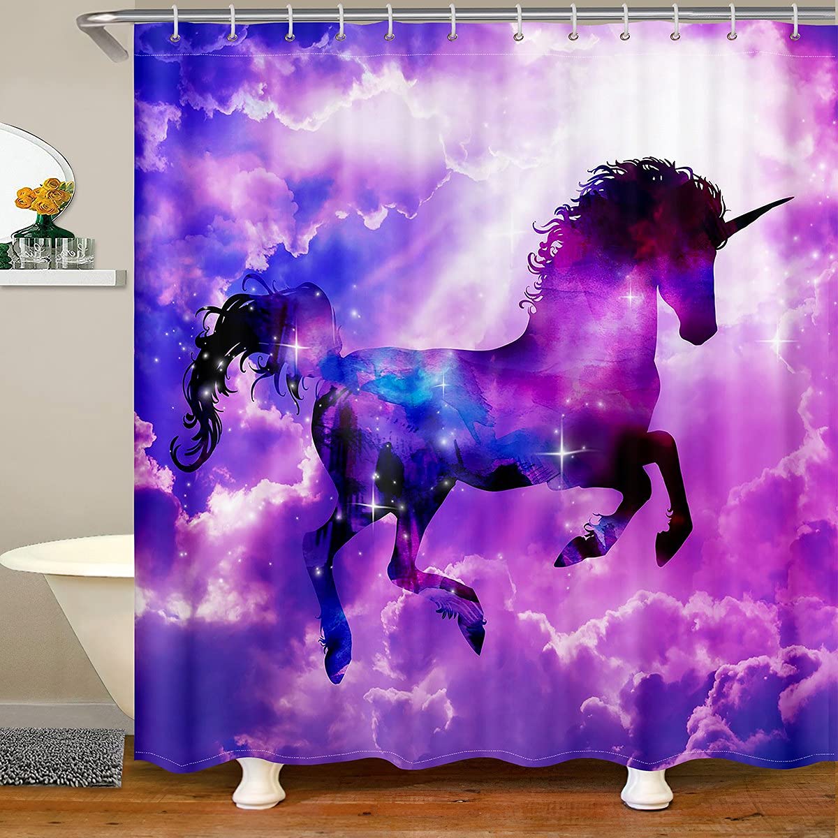 

Unicorn Shower Curtain,Purple Galaxy Shower Curtains,Fantasy Starry Sky Pattern Bath Curtain For Bathroom Showers Girls Bathtub W60H190(CM)-1 Pcs