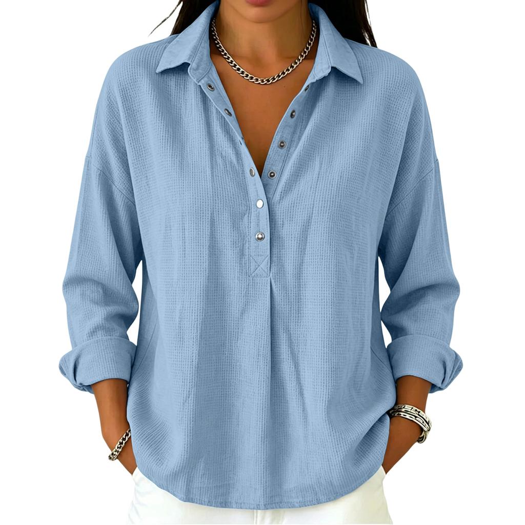 Women's Casual Long Sleeve Polo Shirt Button Front Waffle Texture Pullover Lightweight Relaxed Fit Top for Everyday Wear