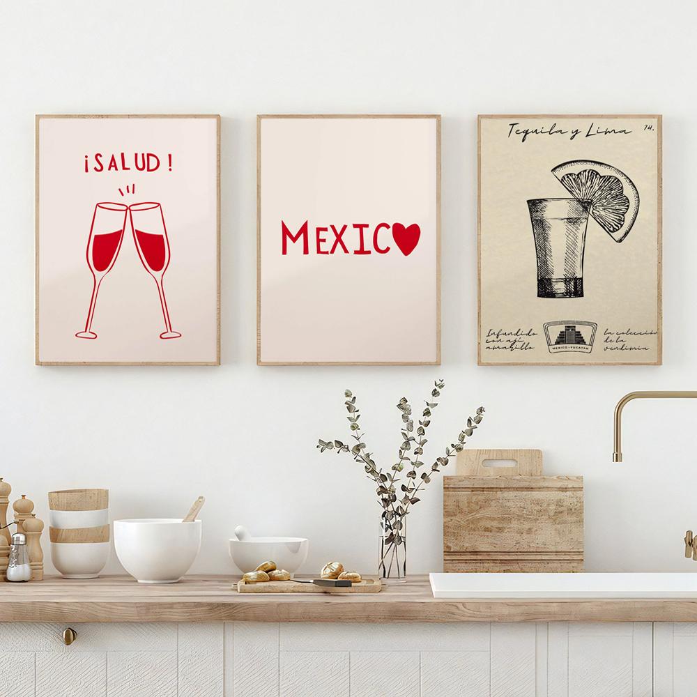Meksykański Plakat Artystyczny Napoje i Lody Tequila Minimalistyczny Vintage Dekoracja Ścienna Druk na Płótnie Dekoracja Baru Domowego Idealny Prezent