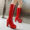 Shiny Gold Red Patent Leather Knee High Boots Women Thick Heels Dress Party Sexy Lady Lace-up Zipper Platform Long Riding Boots