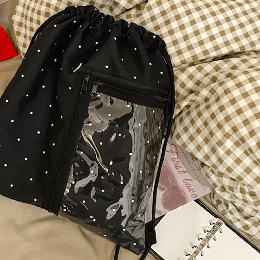 Wave Point Light Soft Nylon Bag Lightweight Student Schoolbag Nylon Drawstring Backpack  Travel Style1-Black