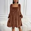 Womens Loose Fit Square Neck Long Sleeve Velvet Babydoll Dresses Dress
