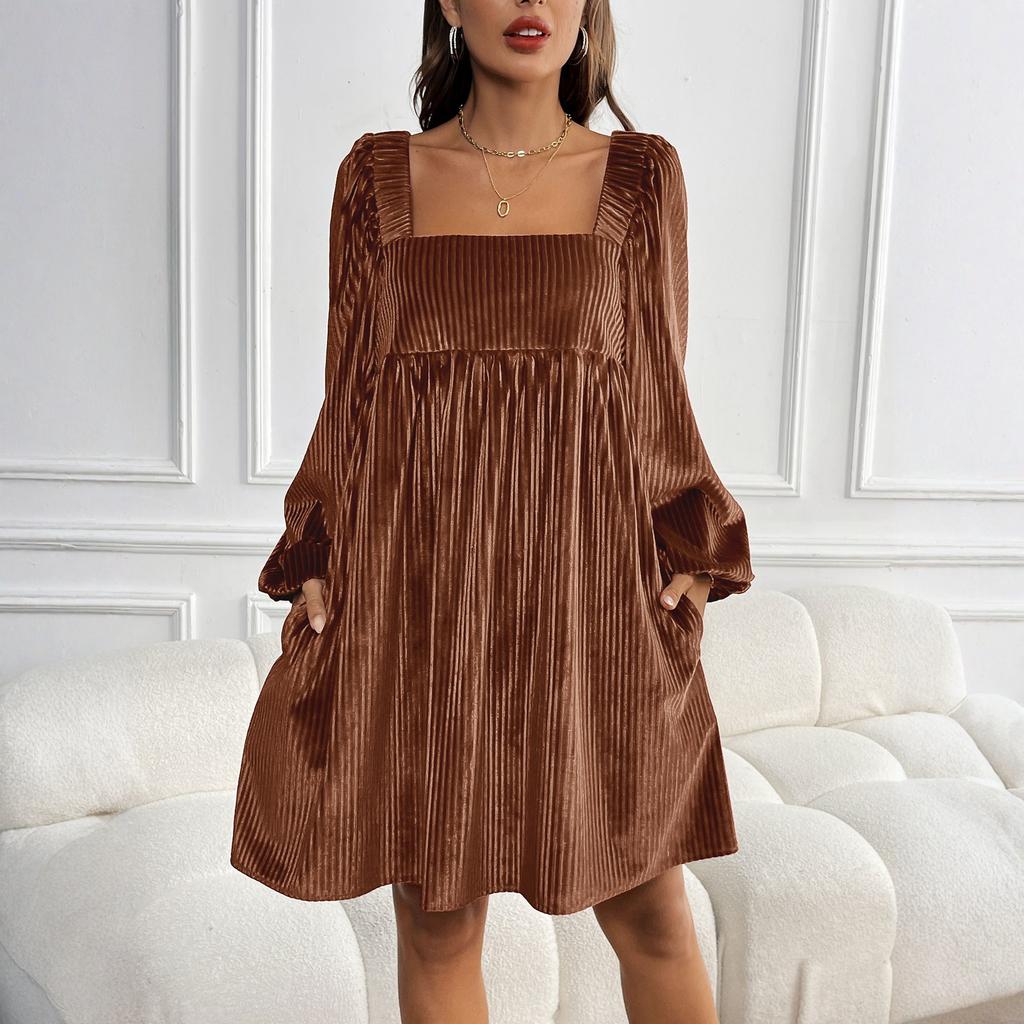 Womens Loose Fit Square Neck Long Sleeve Velvet Babydoll Dresses Dress
