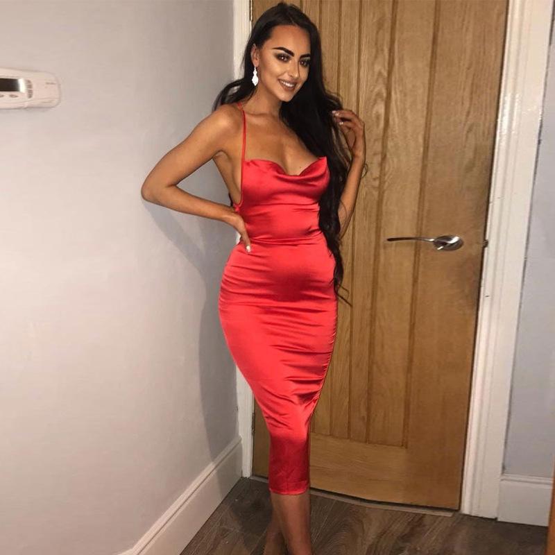 Summer Women's Sleeveless Satin Long Dress Elegant Bandage Backless Hollow Out Party Dress Sexy Vestidos For Special