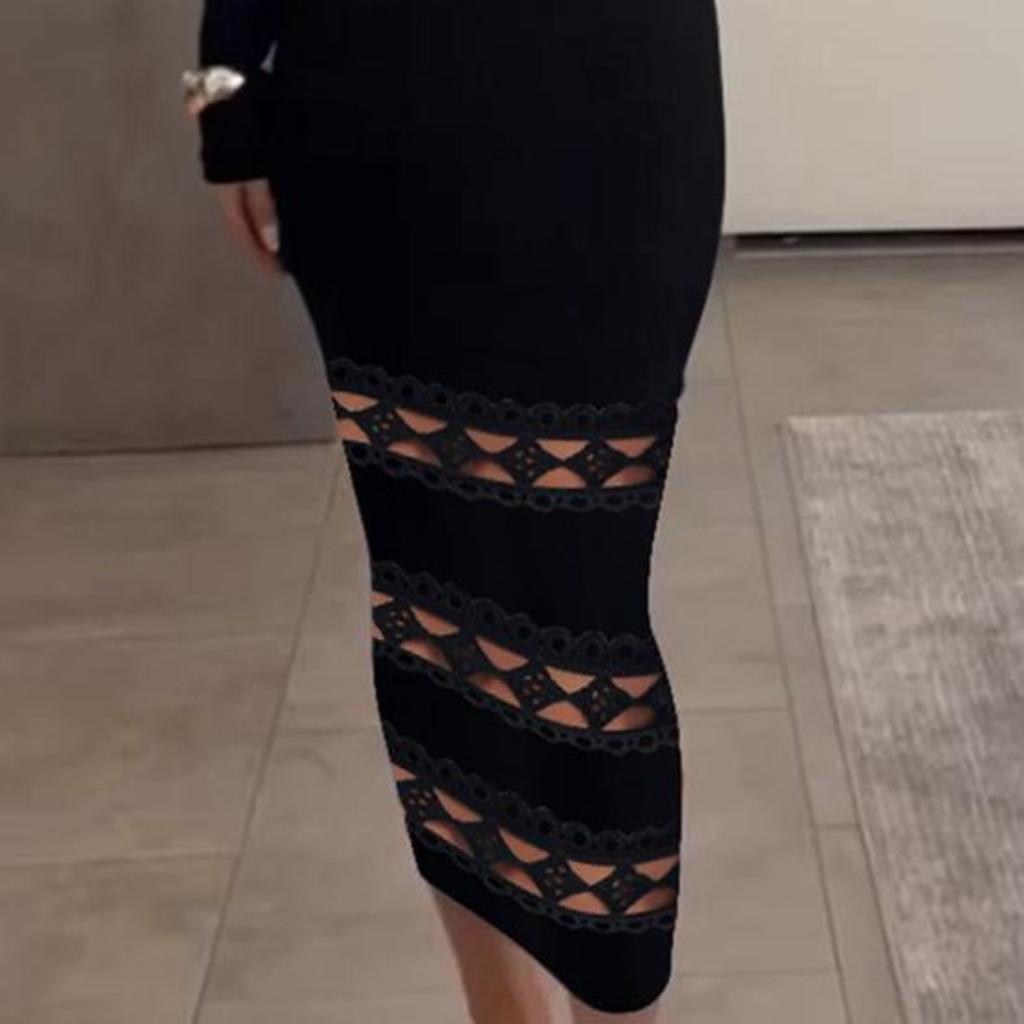 Women Prom Party Dress Bandeau Off Shoulder Hollow Out Sheath Slim Fit Long Sleeve Pure Color Elastic Rhombus Patchwork Mid-calf Length Midi