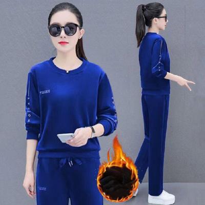 Winter Velvet Two Pieces Sets O Neck Plush Lined Loose Outfit Straight Baggy Pant Suits Thick Warm Casual