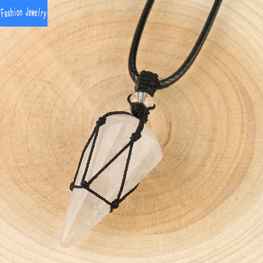 European And American Hand Woven Hexagonal Stone Pendant Accessories Women'S Powder Crystal Amethyst Necklace