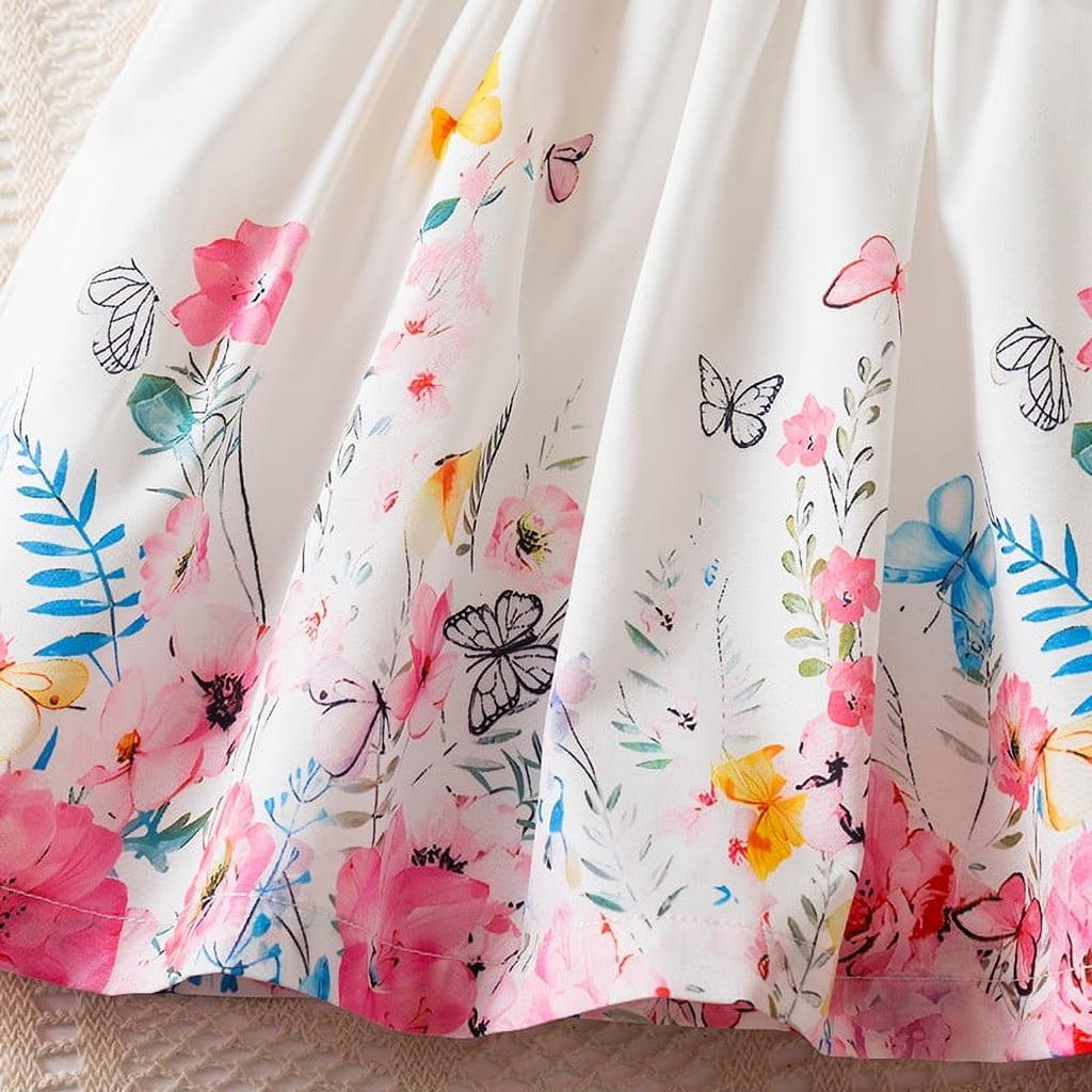 Toddler Girls Dress Flutter Sleeve Bow Waistband Floral Butterfly Print Skater Style Casual Summer Dress for Little Girls