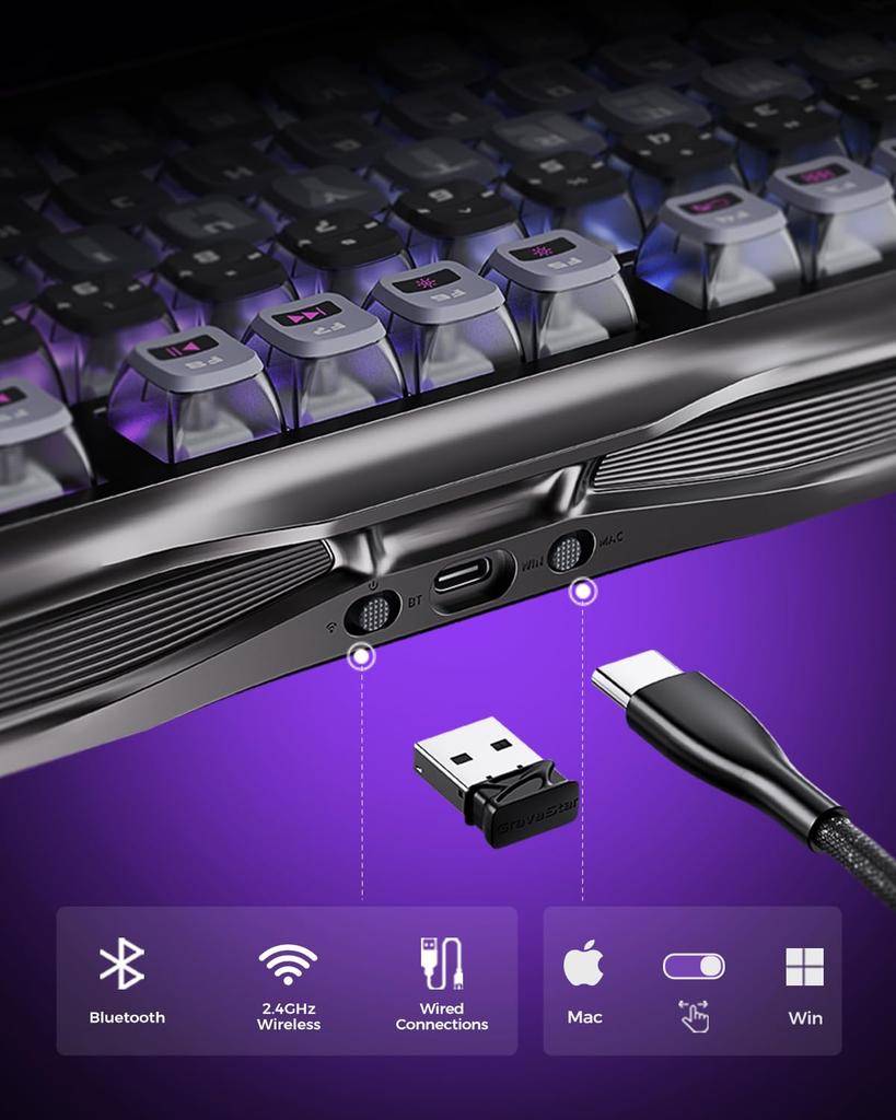 GravaStar Mercury K1 Pro Wireless Gaming RGB Aluminum 8000mAh Volume US Cyberpunk Style for Keyboard, 75% Layout, Tenkeyless, Hot-Swap Bluetooth,
