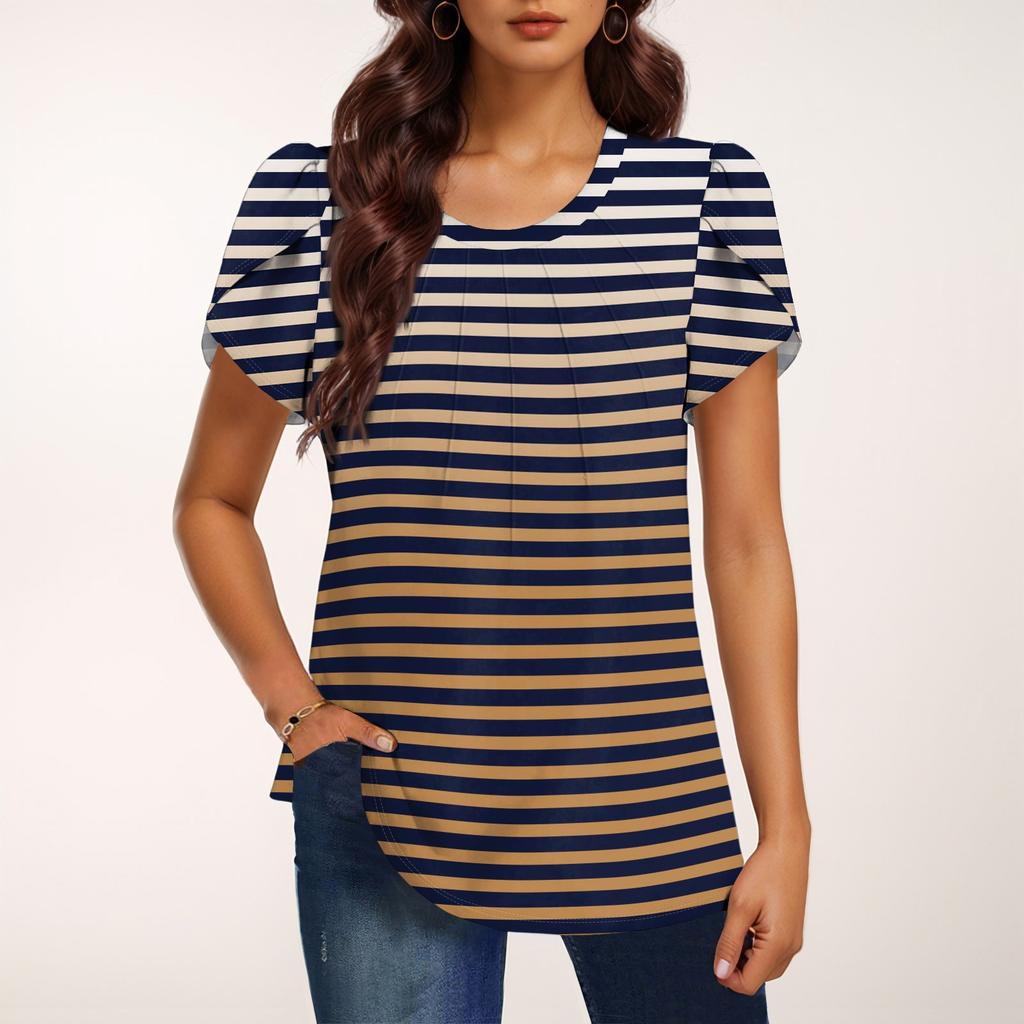 Women's Fashionable Round Neck Short Sleeve Print Casual Basic Pleated Pullover T-shirt Top