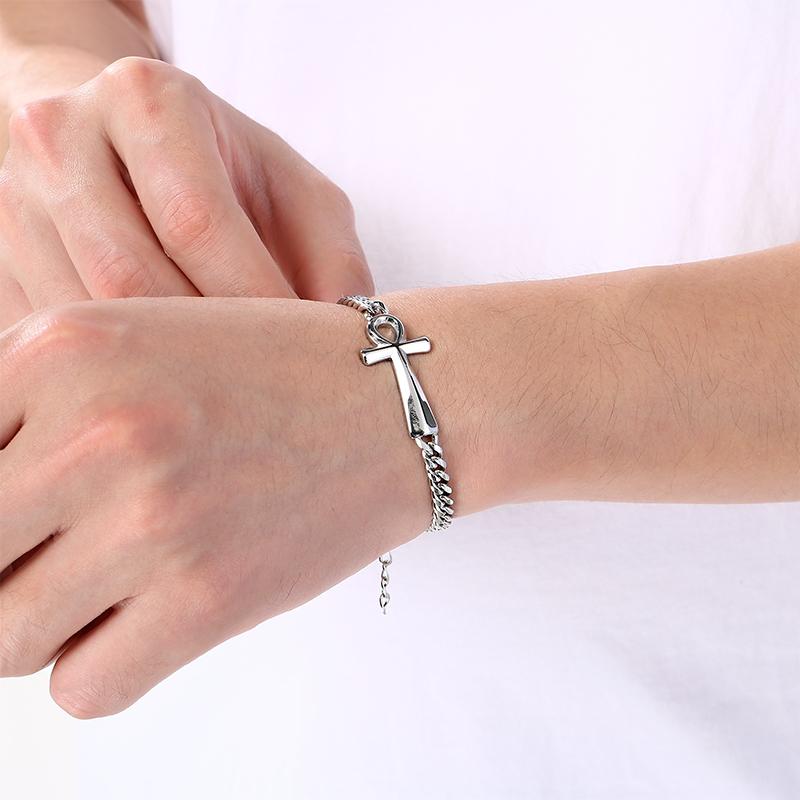 Stainless Steel Cross Bracelet for Men Women Polished Symbol Curb Chain Wristband Gold Color Adjustable Jewelry for Daily Wear