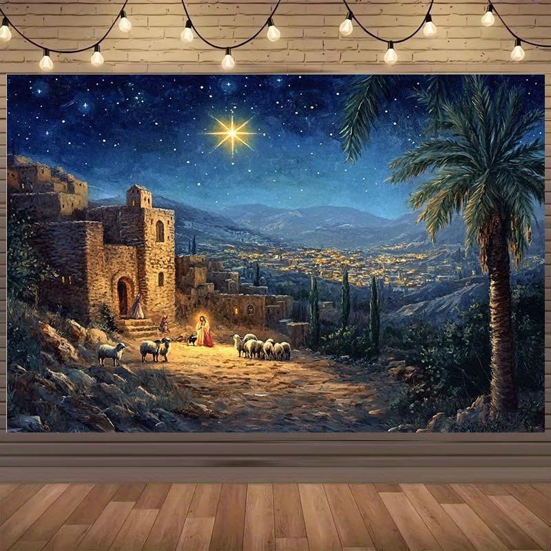 1 piece of Christmas polyester background cloth - Nativity and the Star of Bethlehem, suitable for Christmas decoration 100x150cm