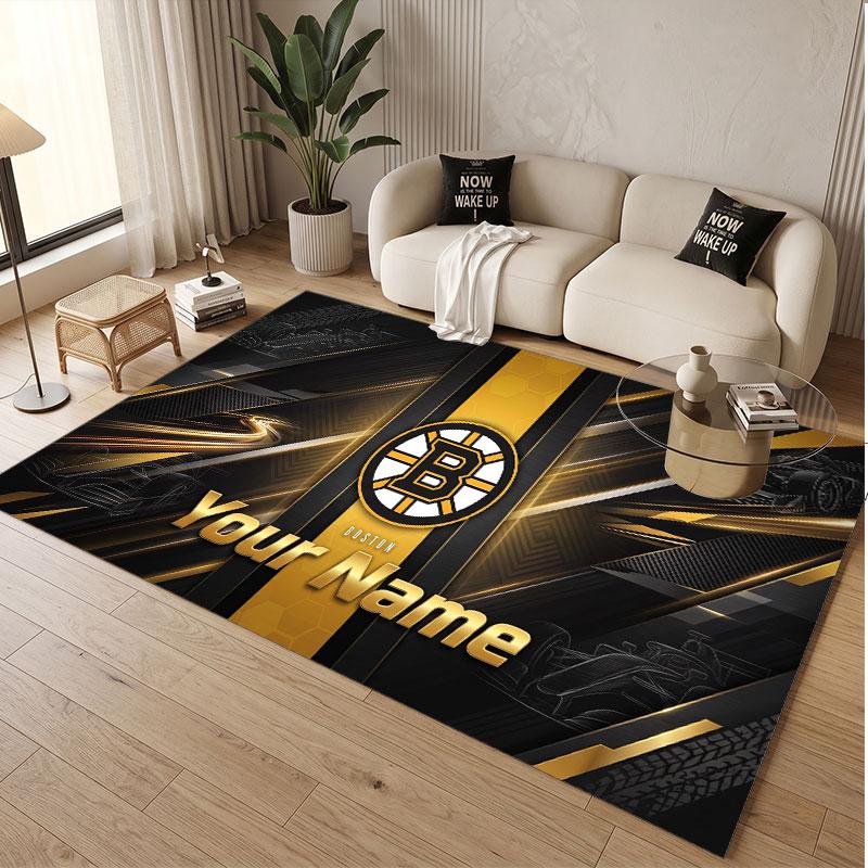 Custom Rug Boston Bruins Pattern Print Name Text Soft Non‑Slip Floor Carpet for Home Indoor Decoration