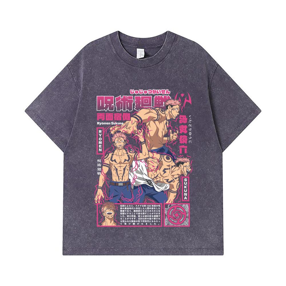 275 GSM Washed T-shirts 100% Cotton Jujutsu Kaisen V45 Sukuna Print Unisex Heavy Cotton T Shirt