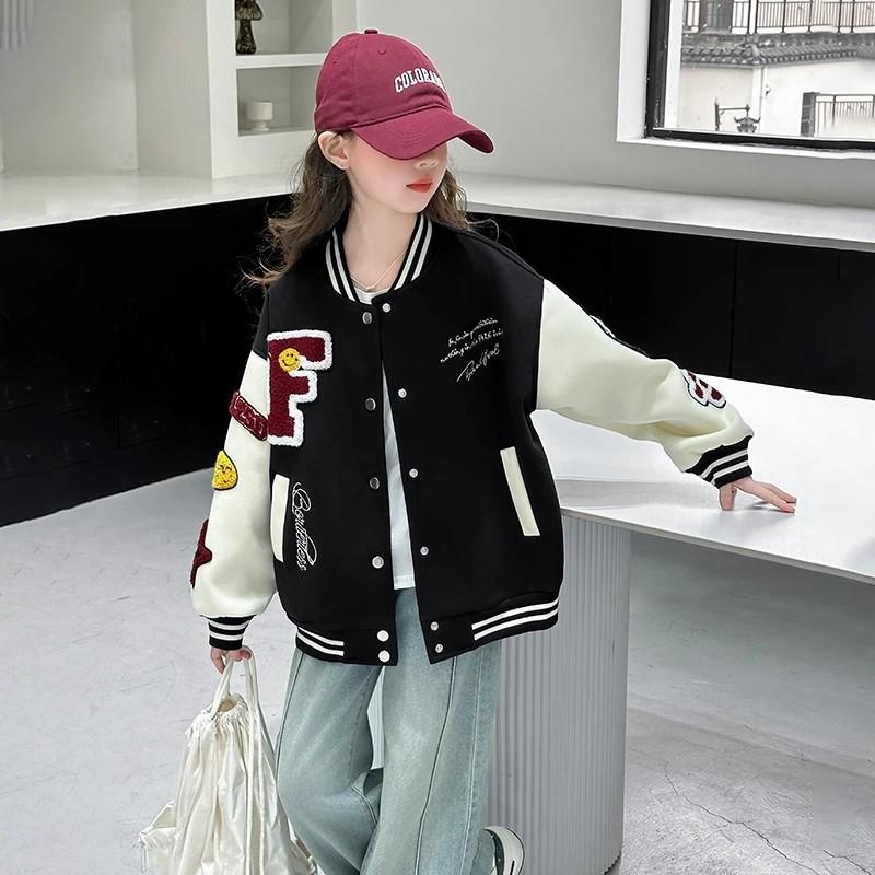 Trendiger Herbstlicher Colorblock Kinder Baseball Cardigan - Koreanische Mode College Stil Jacke für Mädchen