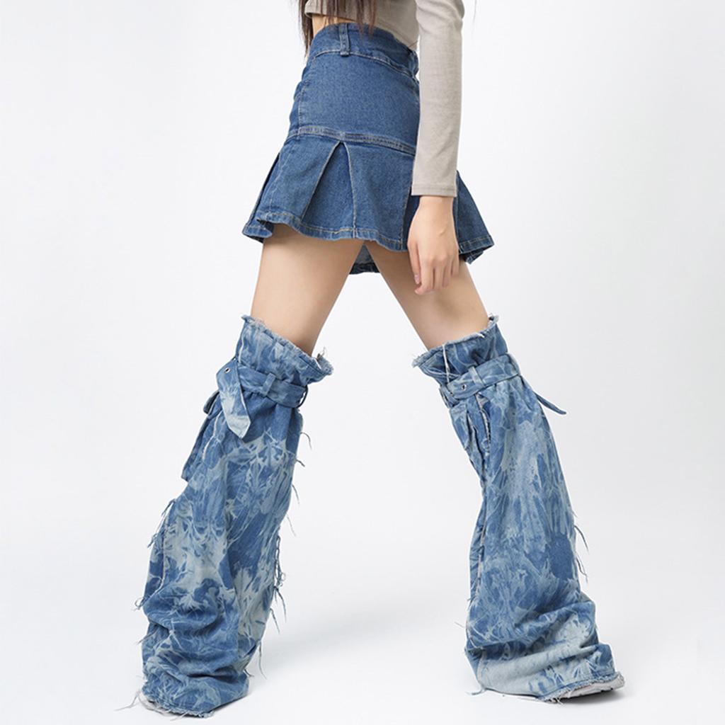 Women Harajuku Over the Knee Denims Tie Dye Leg Warmers Punk Buckled Strap Leg Covers Socks Baggy Leg Sleeves Streetwear