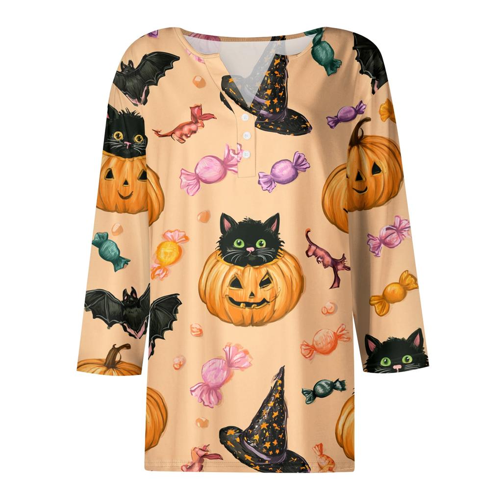 Women's Casual Halloween Print V-Neck Short Sleeve T-Shirt with Decorative Buttons