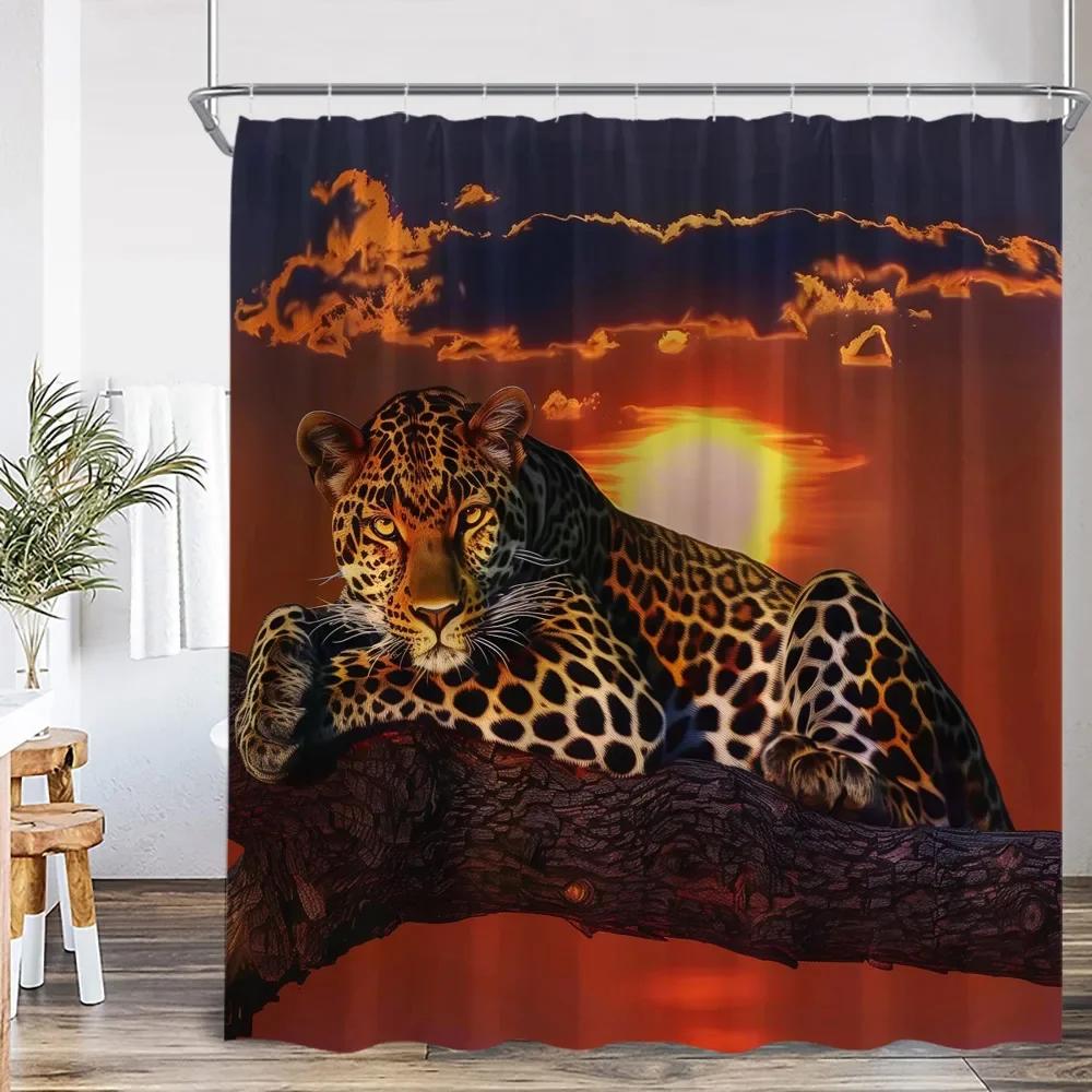 Wild Animals Shower Curtain Tiger Forest Elegant Panther Green Palnts Rose Floral Home Decor for Bathroom Polyester Bath Curtain
