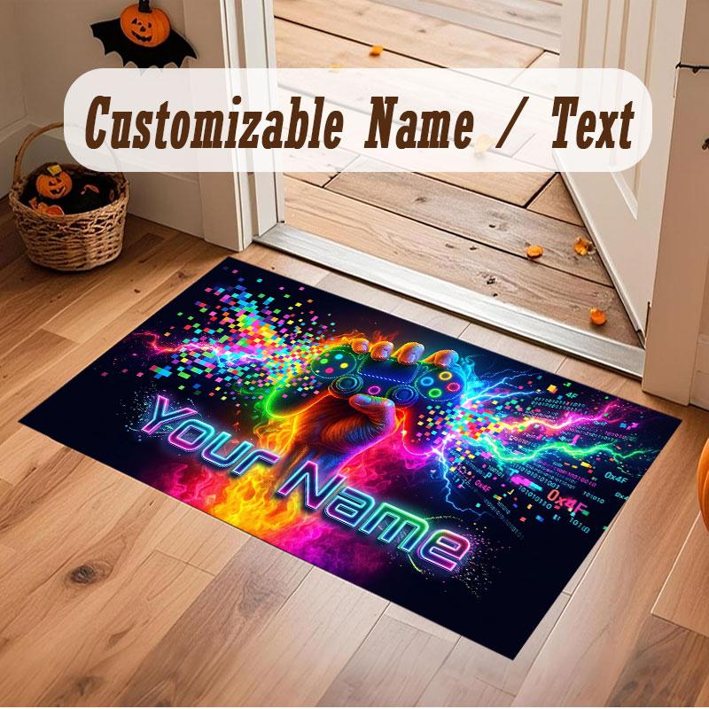 City Cyberpunk Theme Crystal Velvet Floor Rug Personalized Custom Name Text Warm Carpet Home Decoration