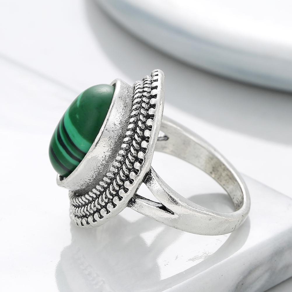 Vintage Silver Color Rings Oval Green Stone Ring Women Fashion Jewelry Anniversary Gift