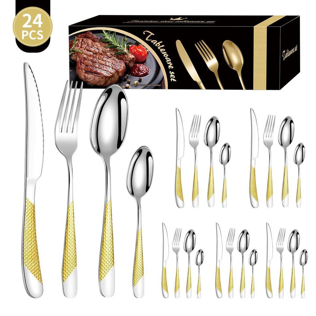 Zestaw 24-częściowej, pozłacanej zastawy stołowej ze stali nierdzewnej o wysokiej wartości: Zestaw noży, widelców i łyżek dla 6 osób, z motywem gwiazdy i diamentu, w pudełku prezentowym.