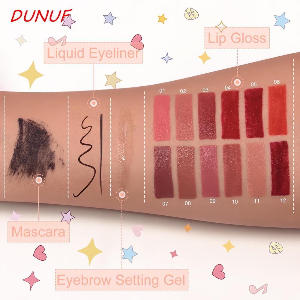 DUNUF 4-in-1 Professional Makeup Box - Mascara, Waterproof Eyeliner, Lip Gloss & Brow Gel, 12 Colors Available