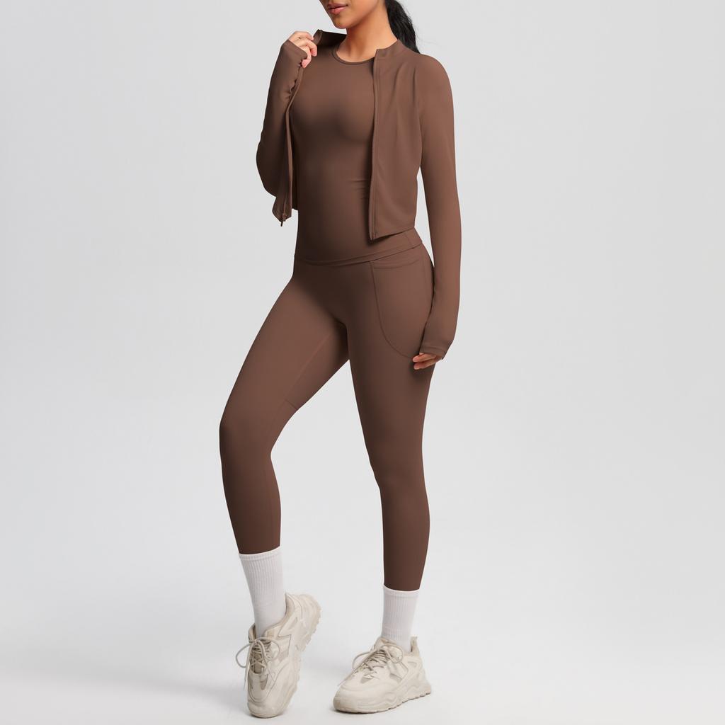 European and American new cloud polished short-sleeved sports zipper jacket casual running hip yoga suit three-piece women's