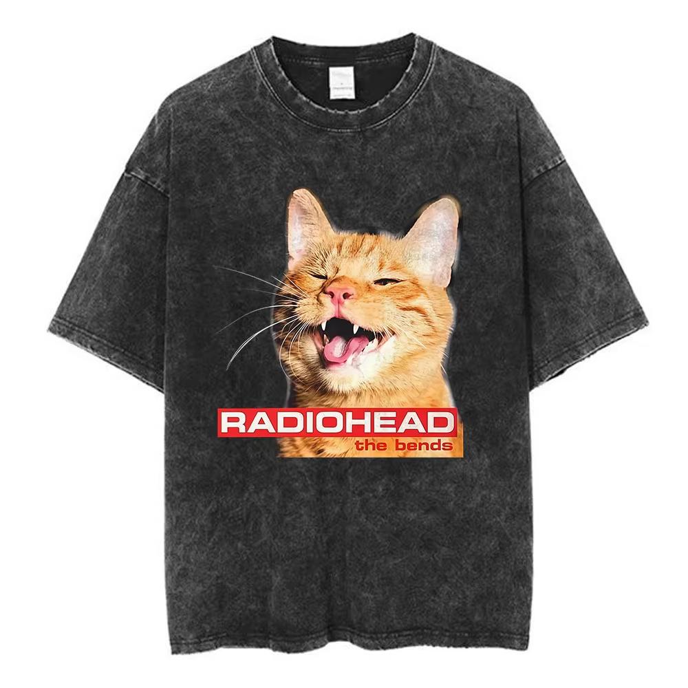 Rock Band Radiohead The Bend Funny Cat Vintage Washed Tshirts Men Women Fashion Hip Hop T Shirts Cotton Male Tshirt Streetwear