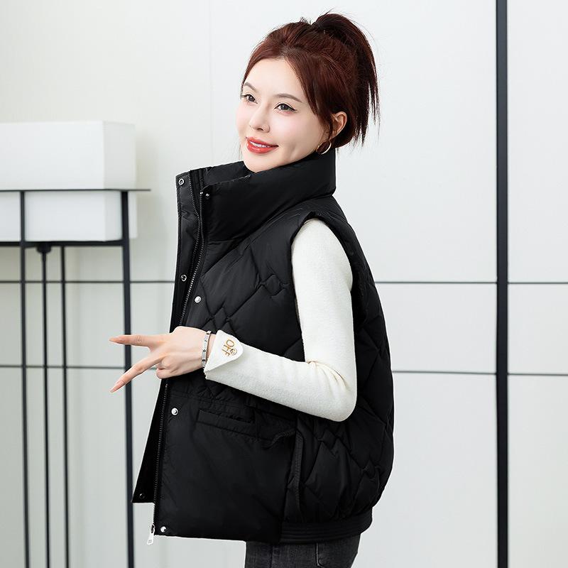 Fresh and fashionable down cotton vest women's autumn and winter rhombus stand-up collar sleeveless vest cotton vest trendy jacket