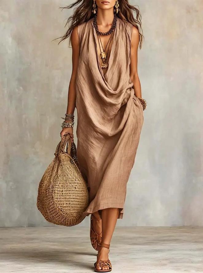 2026 Women's Casual Sleeveless Loose Swing Neck Cotton Linen Holiday Dress
