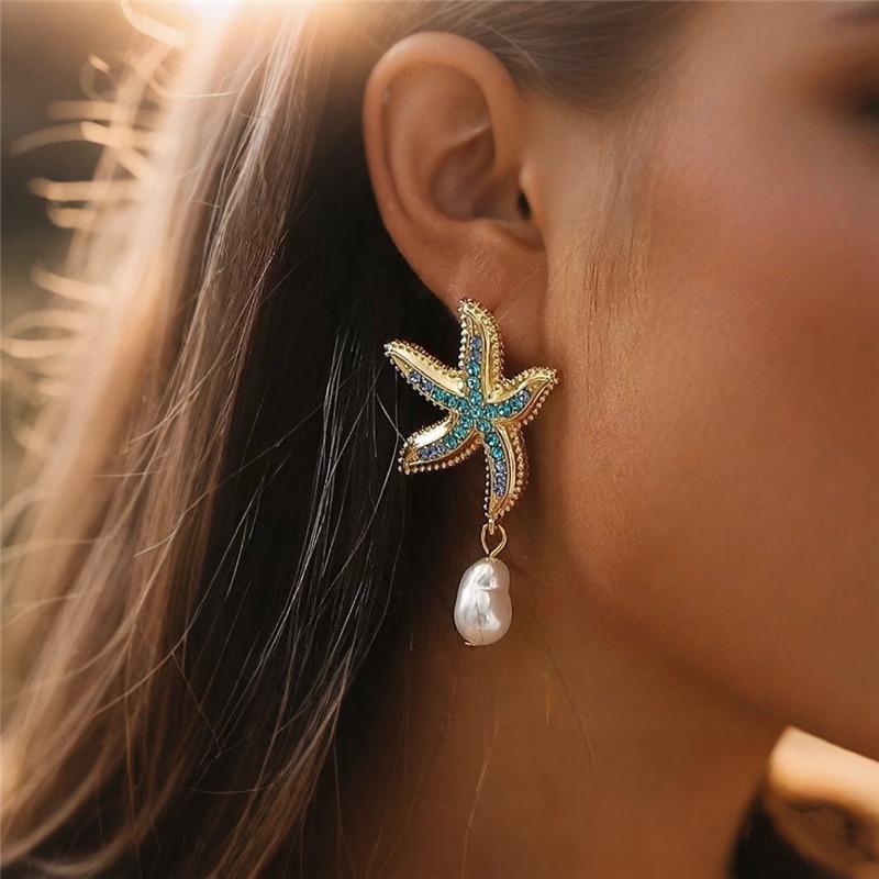 Bohemia Star Fish Earrings Drop Pearl Blue Rhinestones Dangle Earrings For Women Starfish Jewelry Summer Holiday Beach Gifts