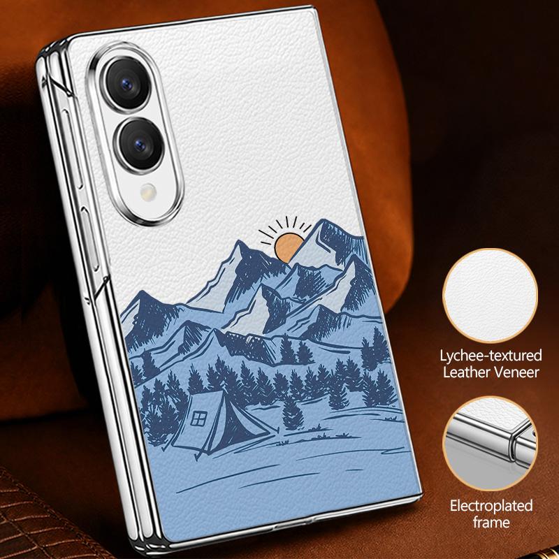 Mountain Valley Camping Art Case For Samsung Galaxy Z Fold 8 Ultra 7 6 5 4 Z Fold8 Fold7 Fold6 Fold5 Luxury Plating Leather Skin Phone Cover