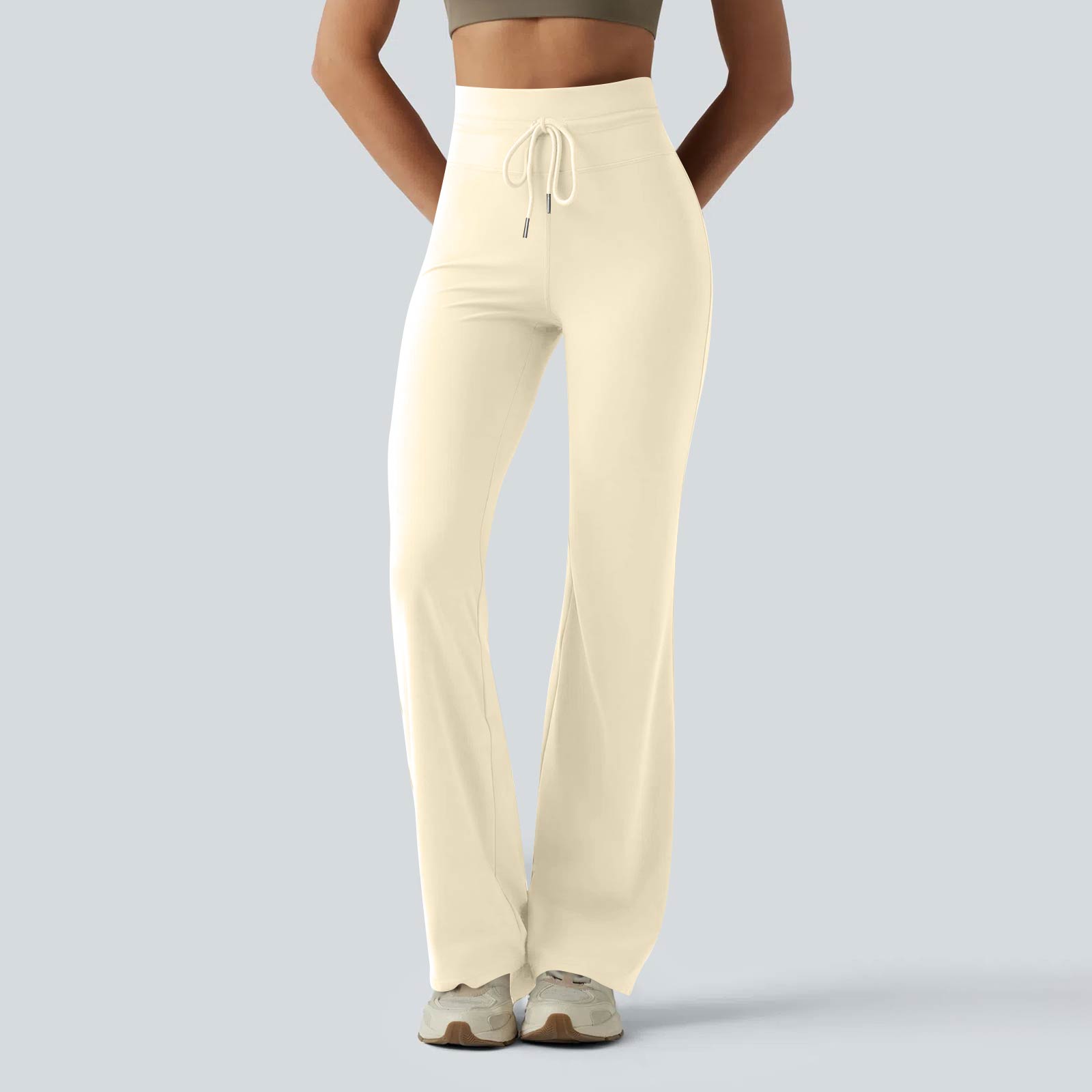 Women s High-waisted Wide-leg Casual  Color Flowy Trousers L бежевый