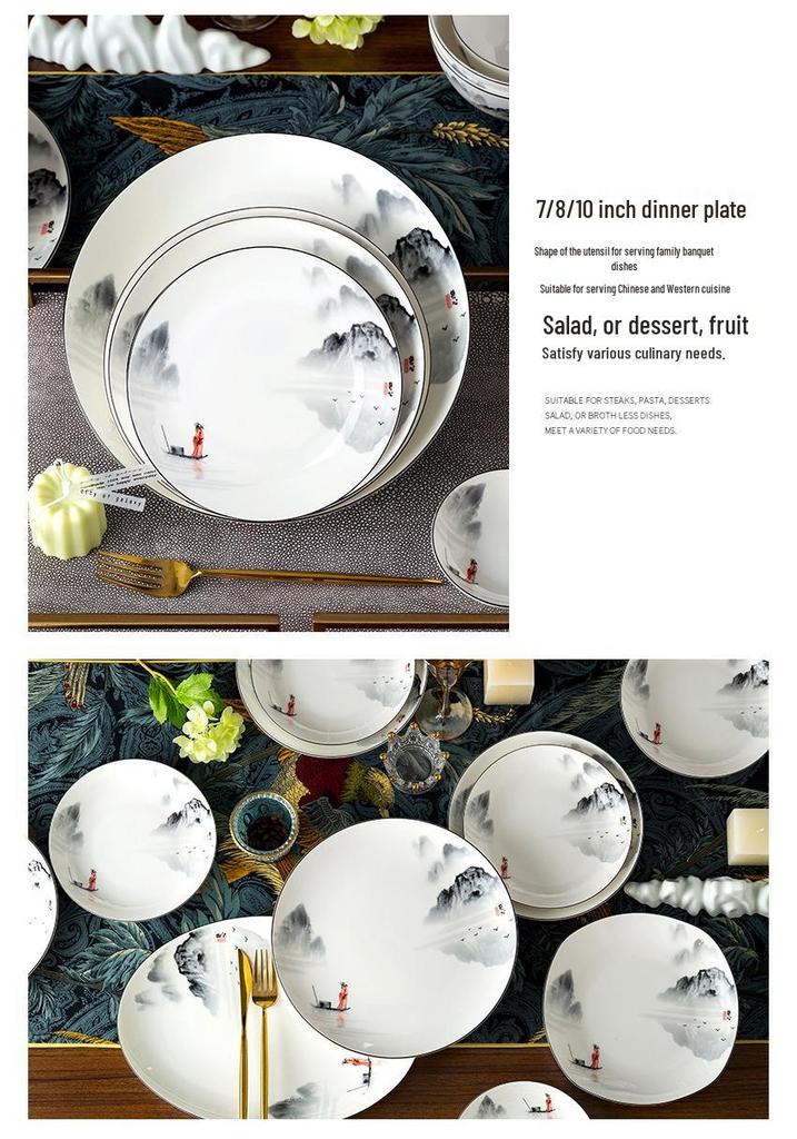 Tangshan Underglaze Ceramic Landscape Ramen Bowl Set